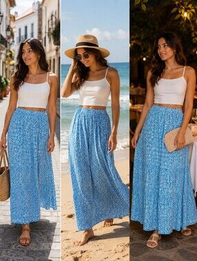 Roxy - Blue Patterned Maxi Skirt - perfect for back to school